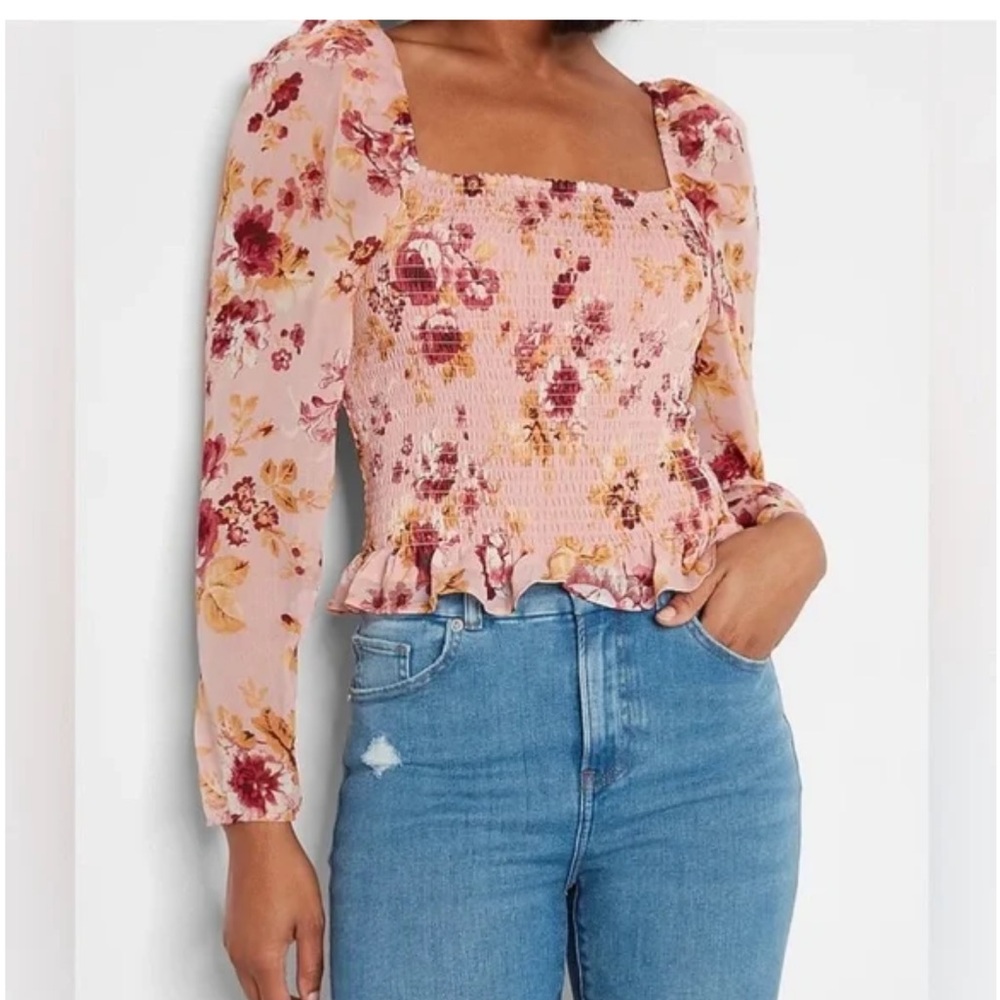 Express - Floral Pink Smocked Women's Top - Picture 2 of 8